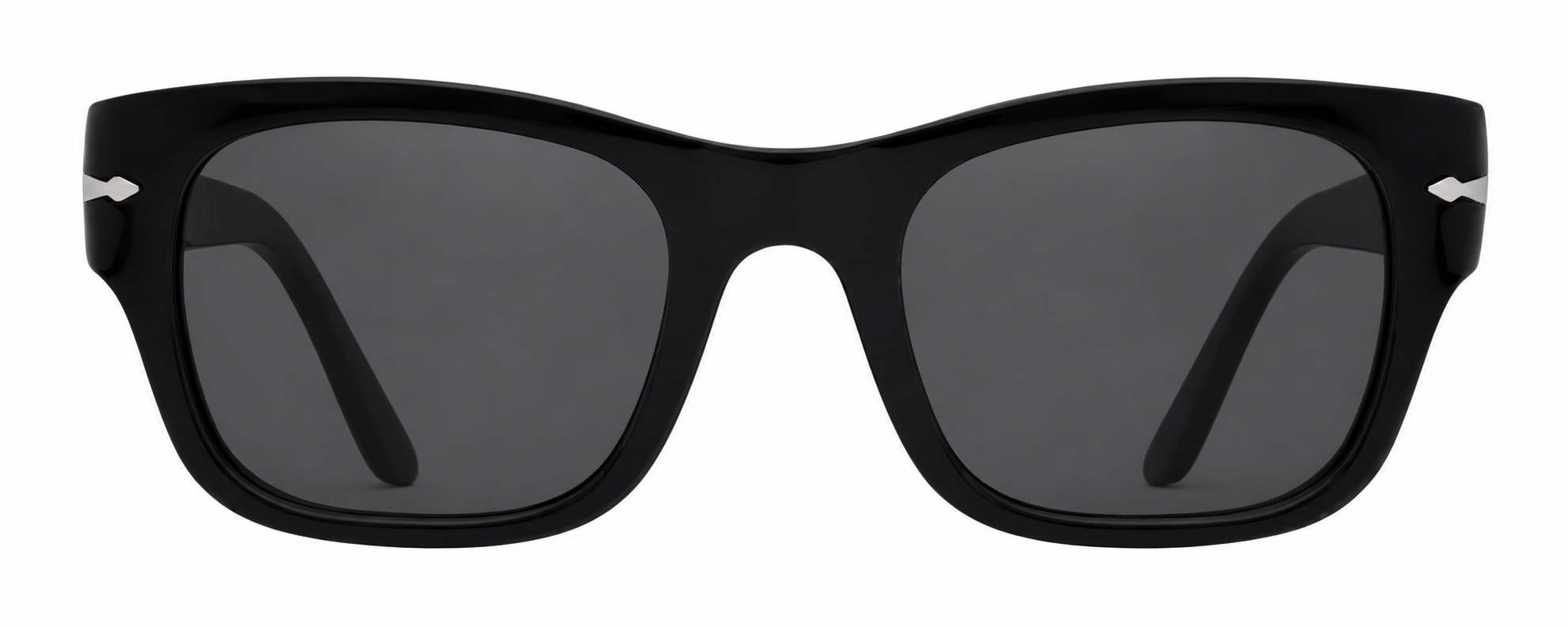 World Cup Italy: Front-facing image of rectangular black sunglasses with thick acetate frames and dark grey tinted lenses. The frame features a slightly oversized shape with a sculpted bridge and small silver arrow-shaped accents at the hinges. The temples are partially visible behind the lenses.