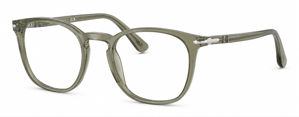 Persol PO3318V large phantos-shaped glasses in transparent olive-green acetate with the iconic Persol sword temple accents, shown from an angled side view against a white background, highlighting a sophisticated autumn-inspired colour and contemporary finish.