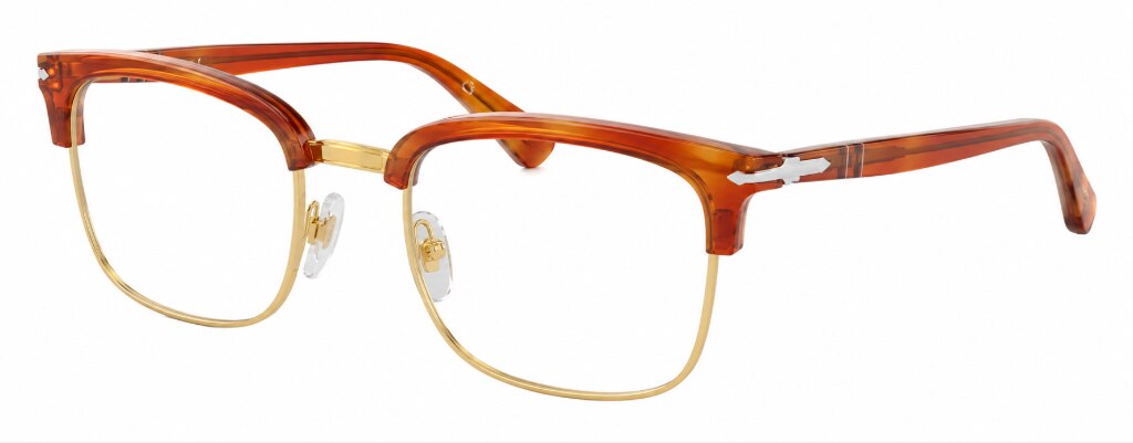 Persol PO3340V rectangular glasses in rich amber acetate with the iconic Persol sword temple accents, a shiny gold metal nose bridge and lower rims, shown from an angled side view against a white background, highlighting a warm autumn-inspired colour combination.
