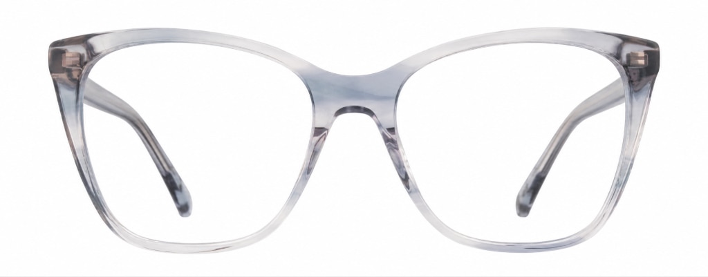 Front view of a pair of eyeglasses with a softly upswept cat-eye frame in a translucent blue-and-grey marbled pattern. The frame features clear lenses and gently rounded edges, creating a modern, elegant look. Alice in Wonderland.