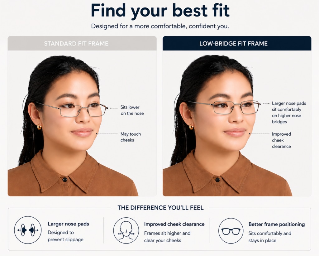 Comparison showing a woman with her dark hair tied in a ponytail wearing a standard fit frame versus a low-bridge fit frame, highlighting improved cheek clearance, larger nose pads, better frame positioning, and a more secure fit with low-bridge glasses.