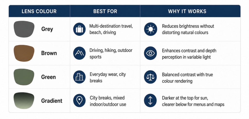 Infographic table comparing sunglass lens colours with three columns: Lens Colour, Best For, and Why It Works. Four lens options are shown with coloured lens icons and supporting icons for usage scenarios. Grey lenses are recommended for multi-destination travel, beach trips, and driving because they reduce brightness while preserving natural colours. Brown lenses are best for driving, hiking, and outdoor sports as they enhance contrast and depth perception in changing light. Green lenses suit everyday wear and city breaks, providing balanced contrast and accurate colour rendering. Gradient lenses are ideal for city breaks and mixed indoor/outdoor use, featuring a darker upper section for sun protection and a lighter lower section for easier viewing of menus and maps. The design uses a navy-blue header row, white background, and clean icon-based layout.
