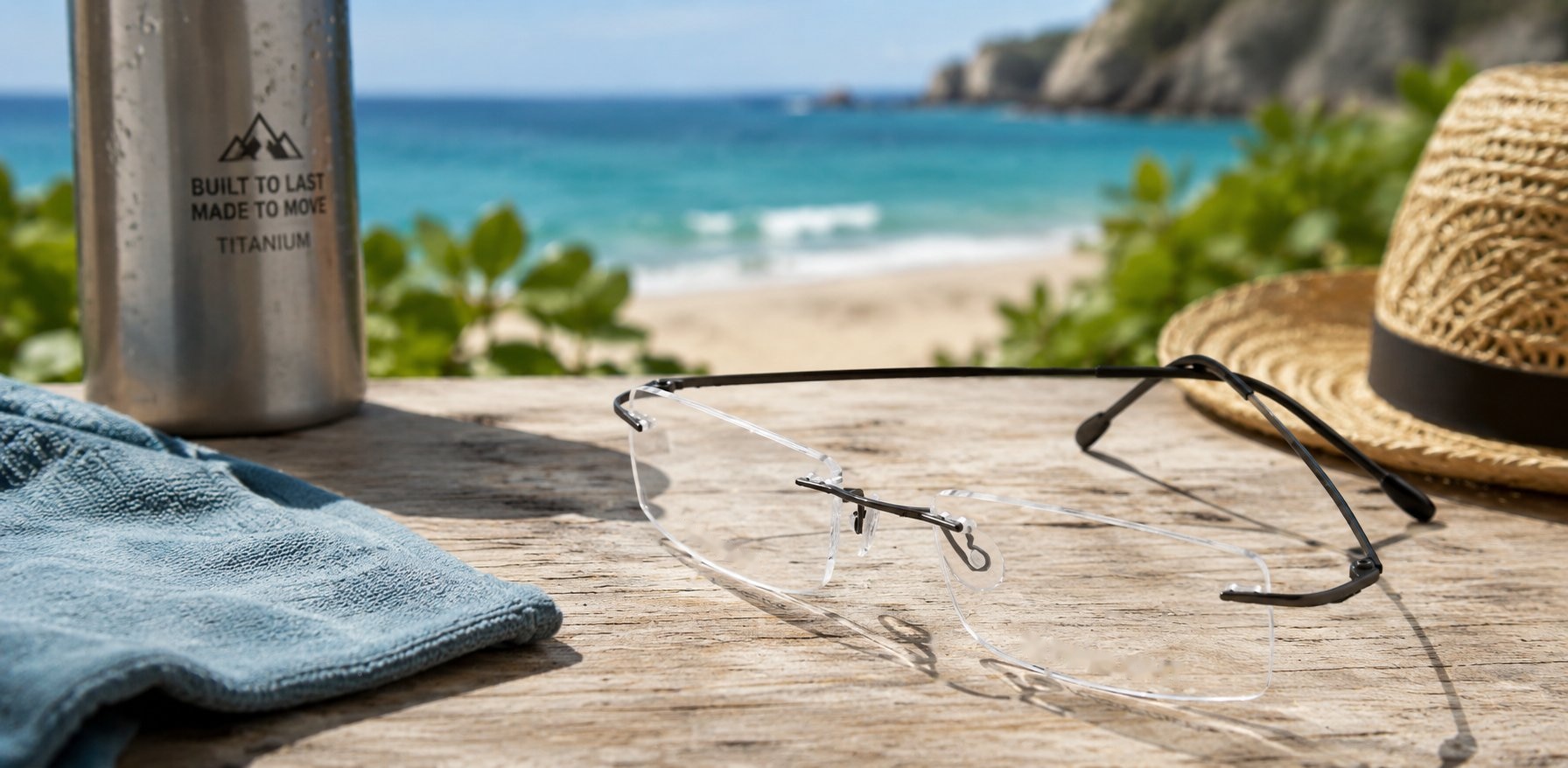 A pair of rimless rectangular titanium eyeglasses with thin dark metal temples rests on a sunlit wooden deck in a beachside setting. Positioned at an angle with the temples neatly folded, the glasses showcase clear lenses, adjustable nose pads, and a lightweight minimalist design. A straw sunhat, stainless steel water bottle, and folded towel are visible nearby, while the bright outdoor setting evokes a relaxed summer atmosphere and highlights the durability of the titanium frame.