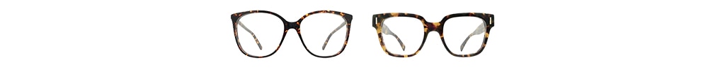 Two tortoiseshell eyeglass frames displayed side by side against a light background. The frame on the left features a classic Havana finish with a soft cat-eye inspired shape and slim profile, creating an elegant, understated look. The frame on the right has a bolder tortoiseshell pattern and a more angular square silhouette for a stronger visual statement. Both frames showcase rich blends of brown, amber and dark tones.