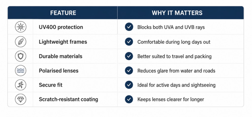 Table titled Feature and Why It Matters outlining key qualities of travel sunglasses. The table uses icons alongside each feature and checkmark symbols to highlight benefits. Features include UV400 protection, which blocks both UVA and UVB rays; lightweight frames for comfort during long days out; durable materials that withstand travel and packing; polarised lenses that reduce glare from water and roads; a secure fit for active days and sightseeing; and scratch-resistant coating to help keep lenses clearer for longer. The design features a navy-blue header row, white background, and a clean, accessible layout.