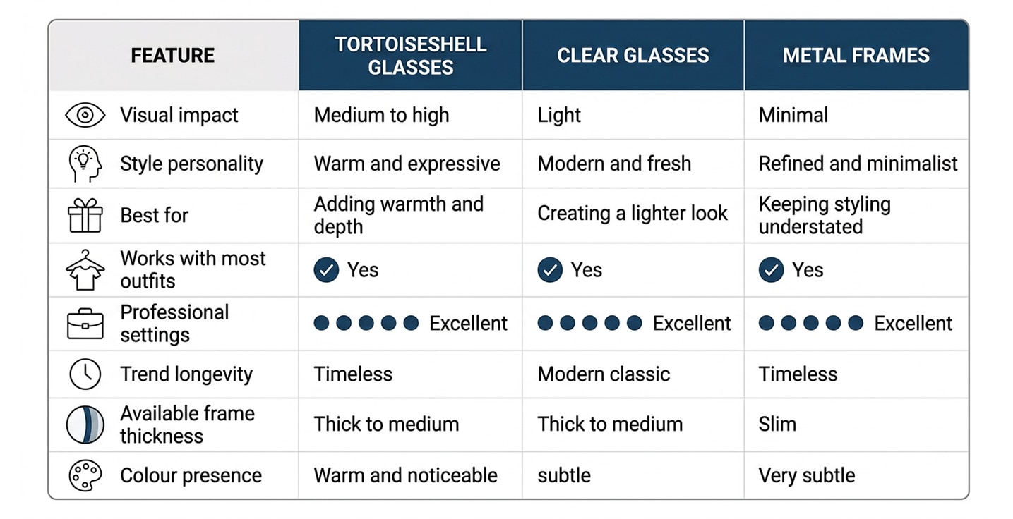 Comparison table showing three eyewear frame styles: tortoiseshell glasses, clear glasses, and metal frames. The table evaluates each style across several categories including visual impact, style personality, best use, versatility, professional suitability, trend longevity, frame thickness, and colour presence. Tortoiseshell frames are described as warm, expressive, and visually noticeable, offering medium-to-high impact. Clear frames are presented as modern, fresh, and subtle, creating a lighter overall look. Metal frames are characterised as refined, minimalist, and understated, with the least visual impact. All three styles are shown as versatile enough to work with most outfits and suitable for professional settings. The design uses a navy-blue header row, icons for each comparison category, and a clean grid layout for easy side-by-side comparison.