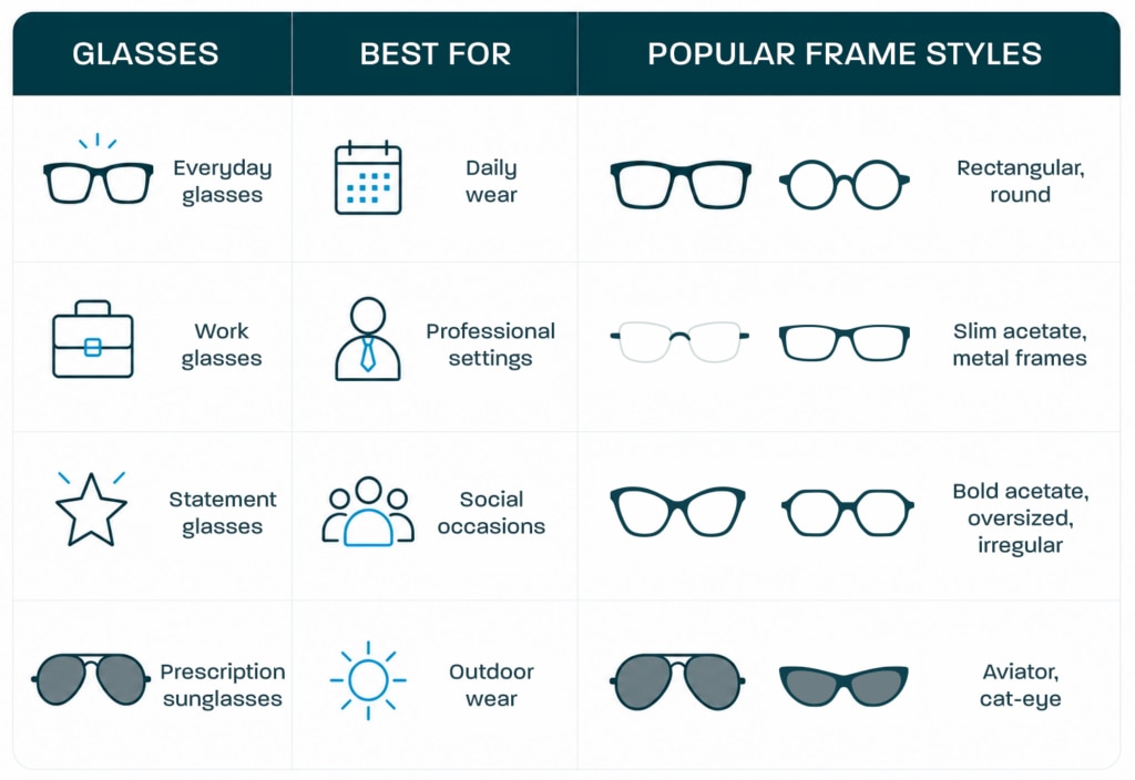 Infographic showing the four essential pairs in an eyewear wardrobe: everyday glasses, work glasses, statement glasses and prescription sunglasses, with recommended uses and popular frame styles for each.