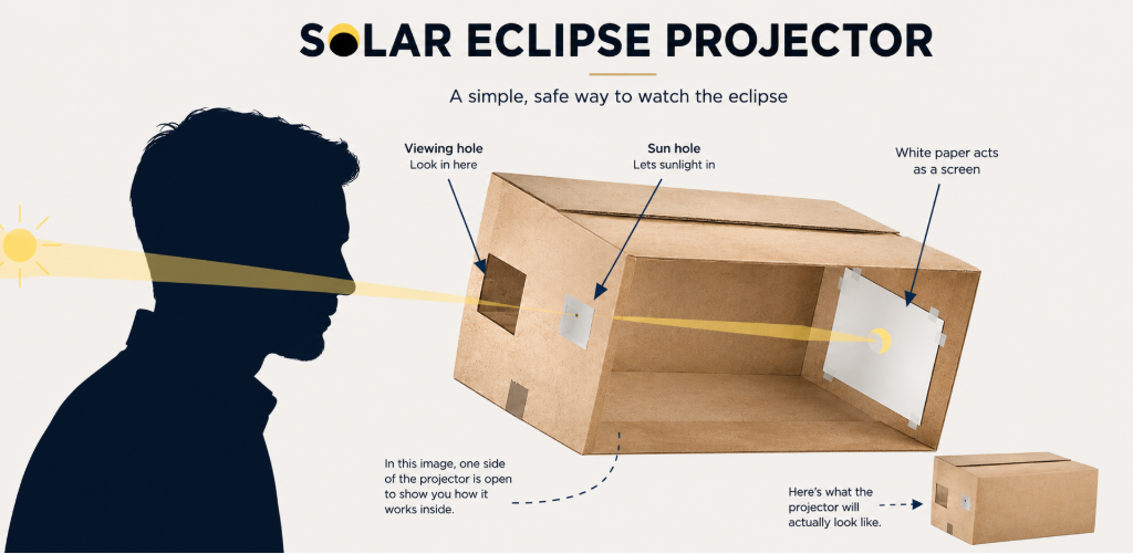 Diagram of a cardboard box pinhole projector showing sunlight entering through a small hole and projecting an image of the Sun onto a screen inside.
