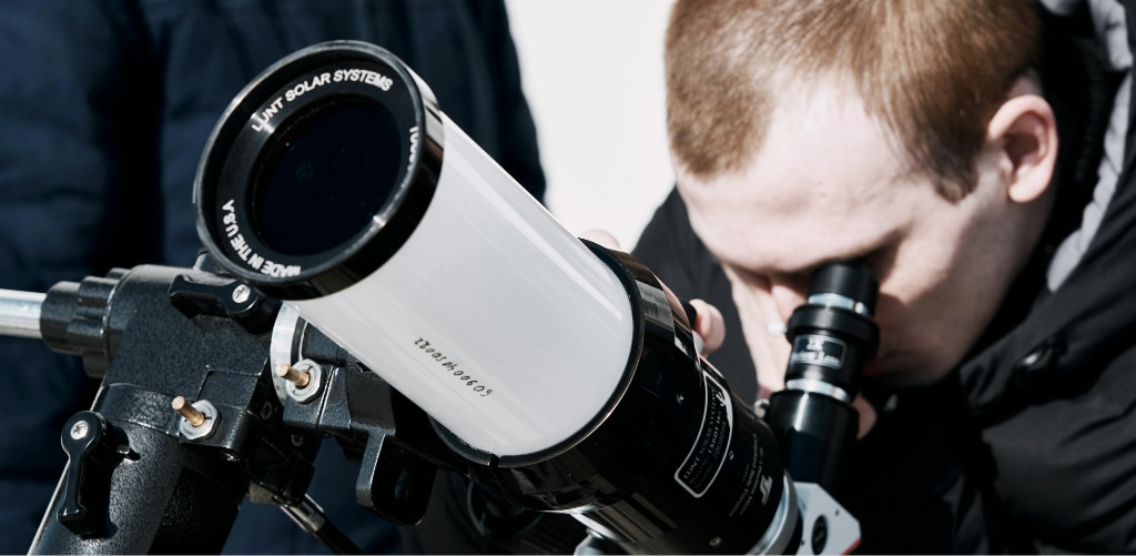 A solar telescope fitted with a certified solar filter, used to view the Sun safely.