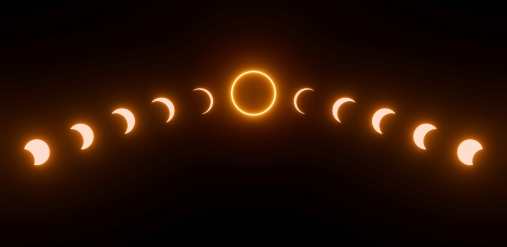 A time-lapse sequence showing a solar eclipse progressing from a partial crescent to an annular "ring of fire" and back.