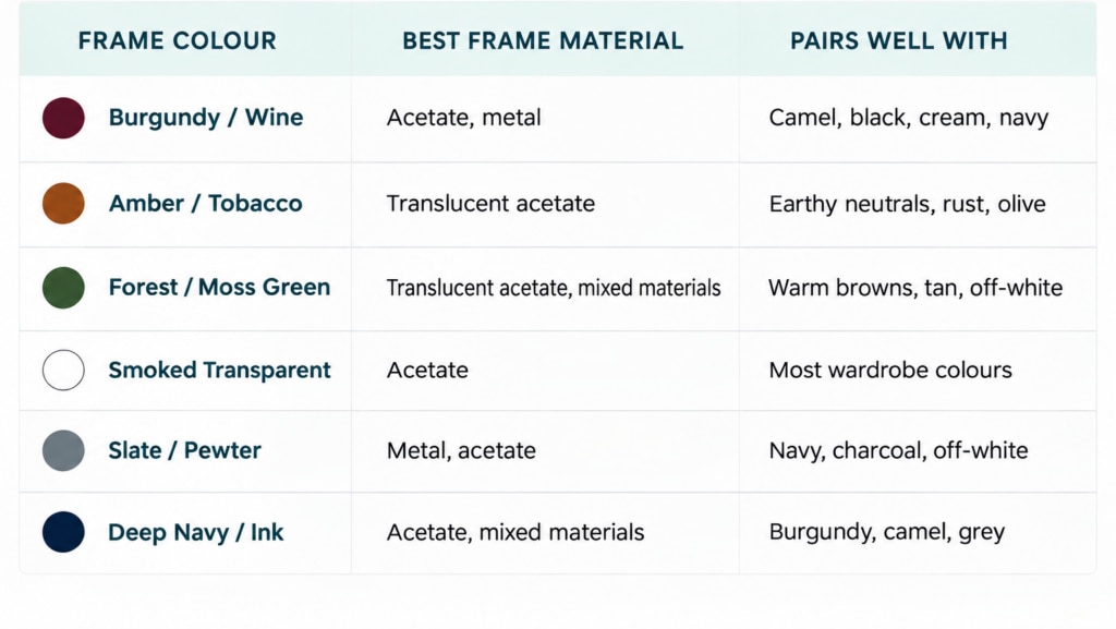 A colour guide table showing six eyewear frame colours, their recommended frame materials and wardrobe pairings. The chart includes Burgundy/Wine, Amber/Tobacco, Forest/Moss Green, Smoked Transparent, Slate/Pewter and Deep Navy/Ink, with suggested materials such as acetate and metal, alongside complementary clothing colours.