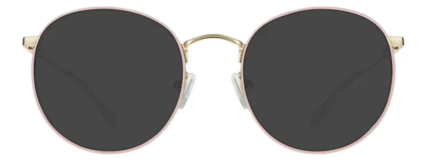 A pair of round metal glasses with pink accents around the lenses. It has rubber nose pads.