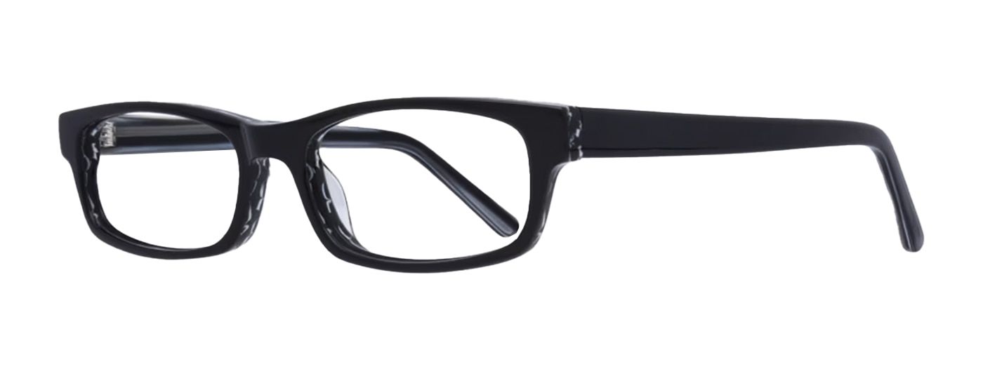 A pair of slim black rectangular glasses, made of acetate. They are angled to one side.