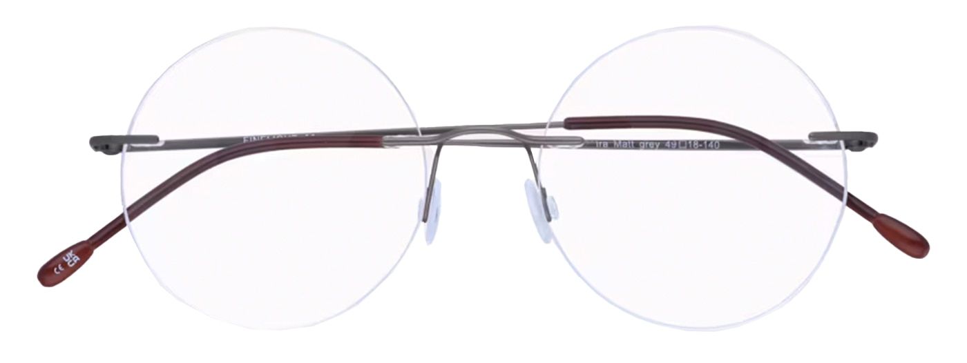 A pair of round rimless glasses, folded up. The temples are made of thin grey metal.