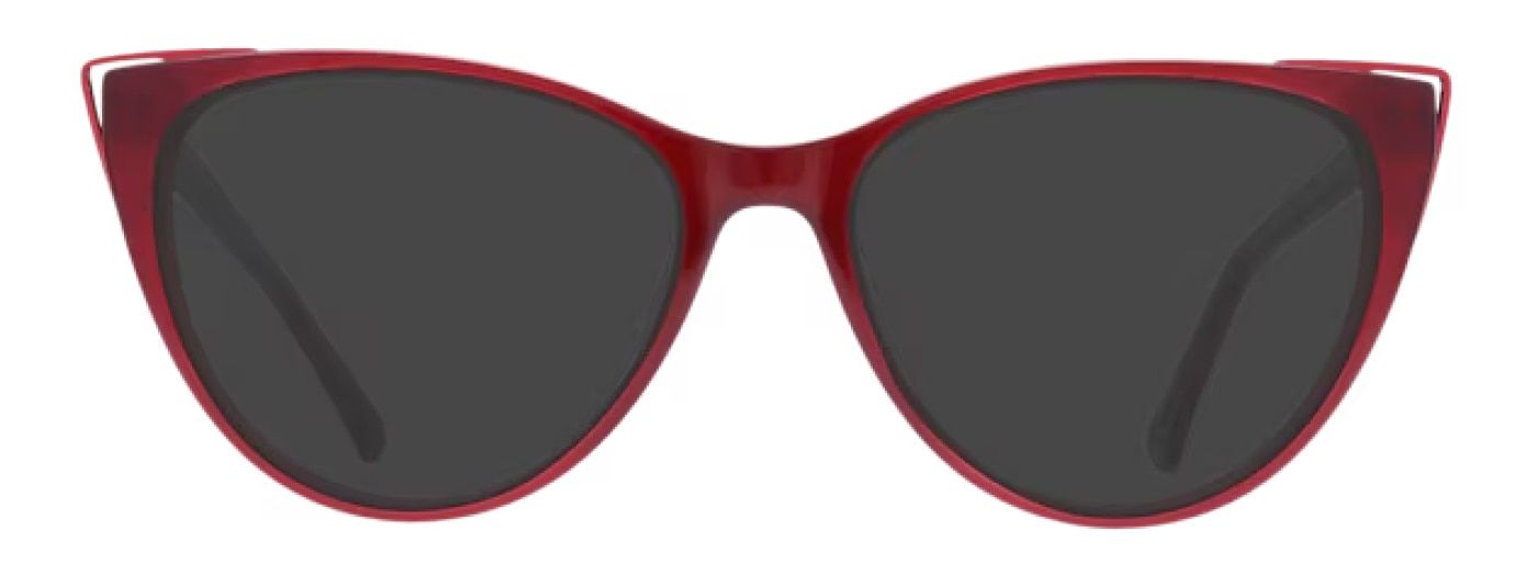 A pair of red cat-eye sunglasses with subtle metal accents on each corner.