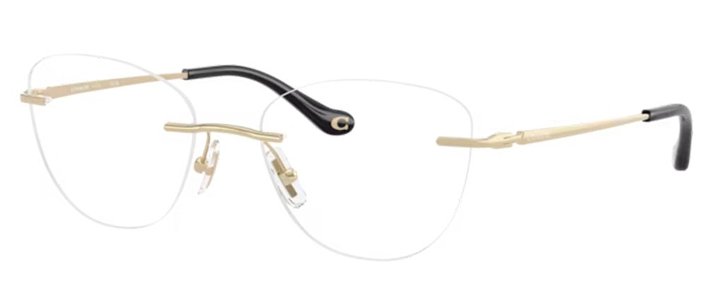Rimless cat-eye glasses with gold metal temples and clear nose pads from Coach, side view. Mother's Day gift.