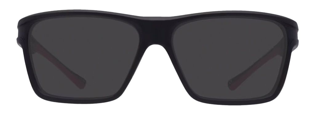 A large pair of rectangular sports sunglasses. They are black with red stripes along the temples.