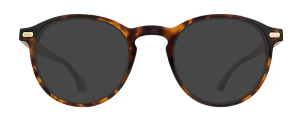 A pair of dark Havana phantos-shaped sunglasses made of acetate, featuring a keyhole bridge and foil rivets.