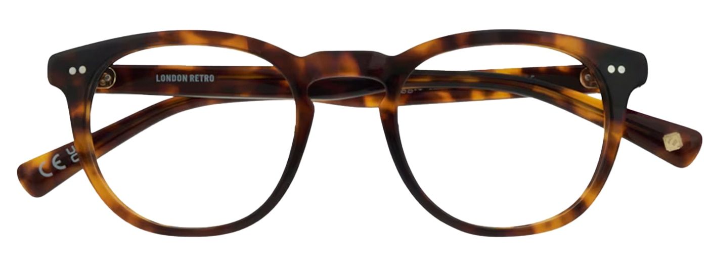 Rounded square glasses made of acetate in a classic Havana print, folded up. The frame has pin detailing at the sides and a large keyhole bridge.