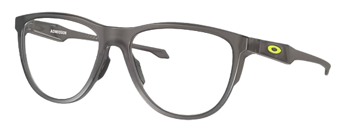 Large round plastic Oakley glasses at an angle. The Oakley 'O' symbol is visible in neon yellow along the sides.