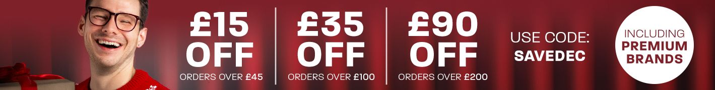 Spend more, save more: £15 off orders £45+, £35 off orders £100+, £90 off orders £200+ (including premium brands) - use code: SAVEDEC