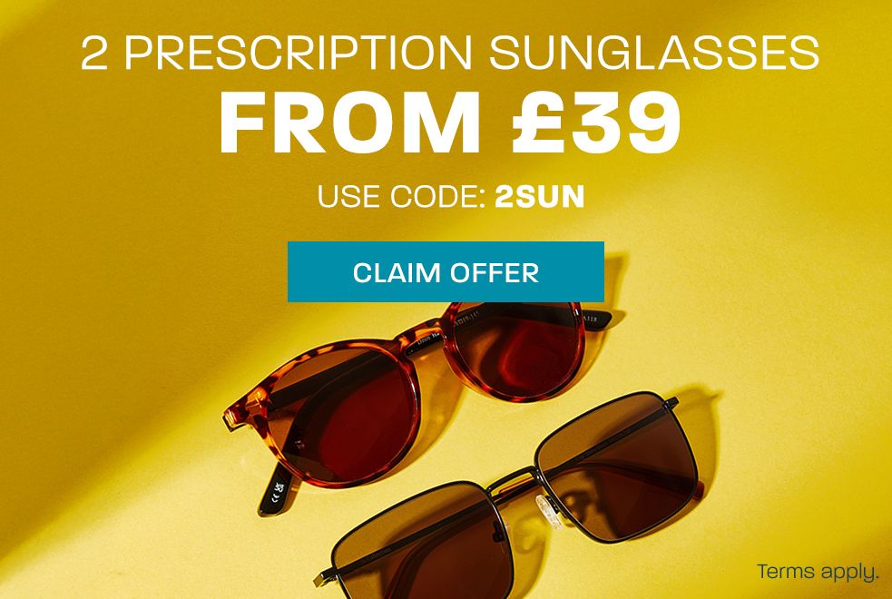 2 prescription sunglasses from £39: use code 2SUN - claim offer