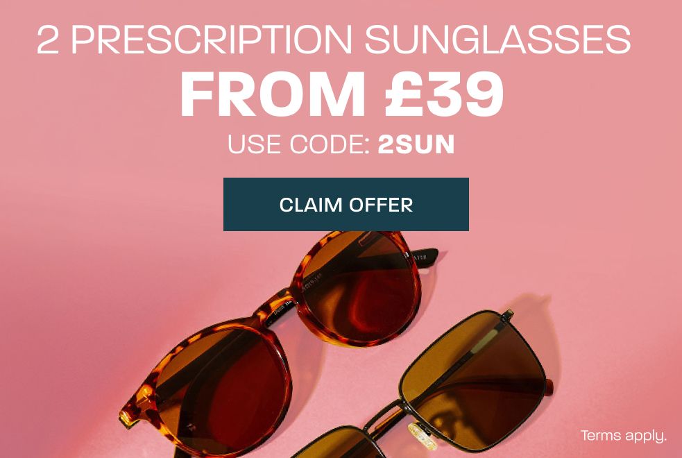 2 prescription sunglasses from £39: use code 2SUN - claim offer