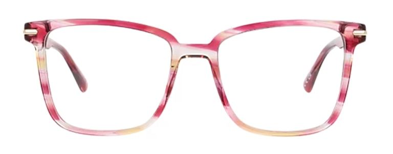 Front view of the London Retro Balham translucent pink glasses with a softly squared shape and slightly upswept corners. The frames features the GD exclusive Sunset Romance hue, which is layered shades of pink with subtle yellow and blush tones. The glass