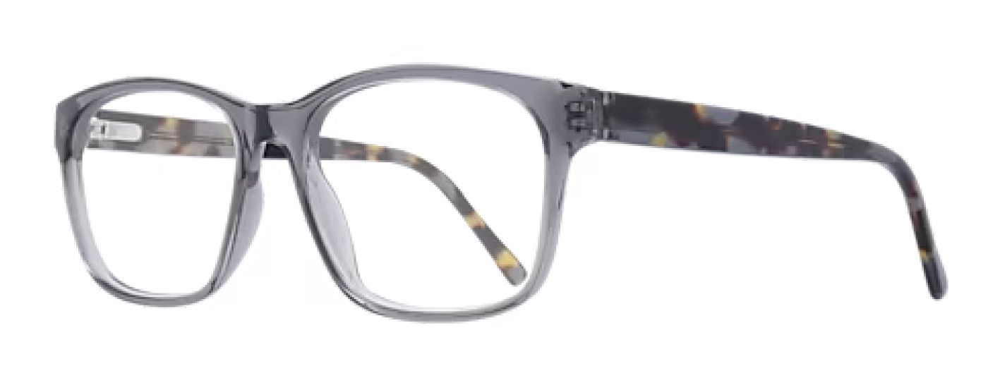 Side view of rectangular glasses made from acetate which are transparent grey at the front and a tortoiseshell colour along the arms.