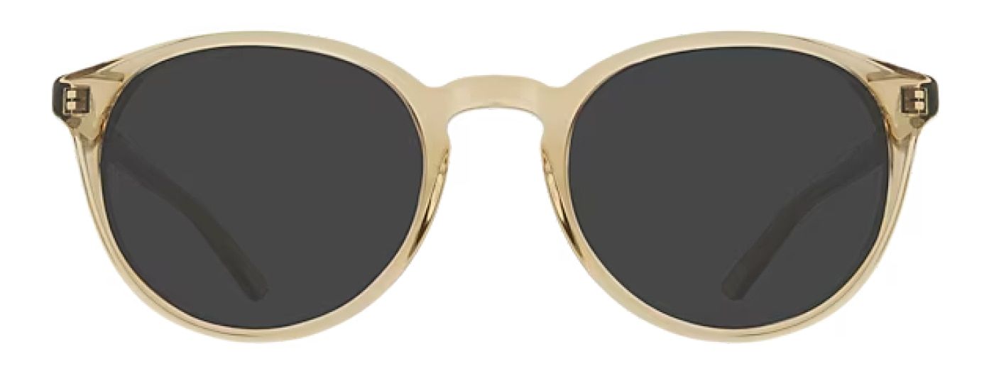 A pair of phantos-shaped acetate sunglasses with a keyhole bridge in a light yellow colour.