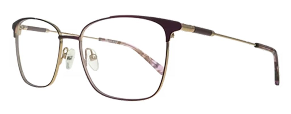 Side profile of rectangular metal glasses in dark purple and gold, finished with purple tortoiseshell plastic temple tips.