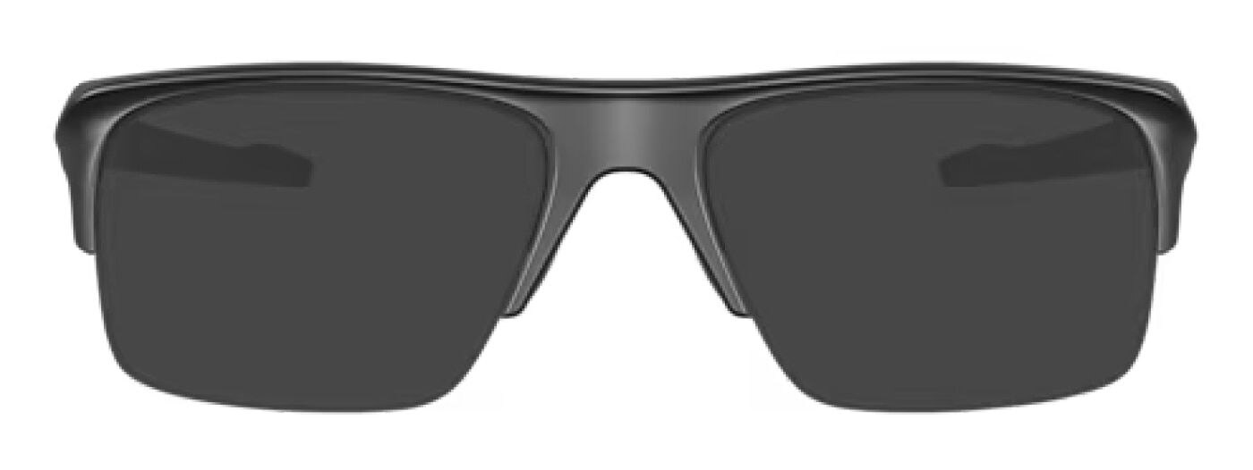 Front view of semi-rimless Oakley sunglasses in satin black. They have a large rectangular shape.
