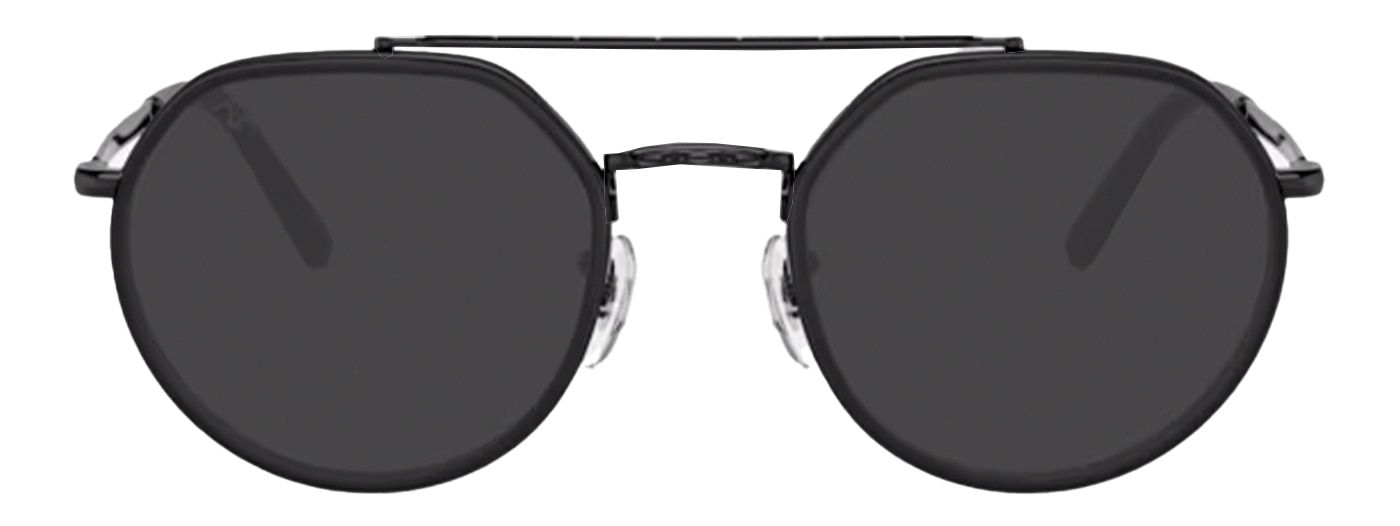 A pair of large, black metal Ray-Ban sunglasses with clear rubber nose pads. They have an angular shape at the top of the lens and are rounded off towards the bottom. The sunglasses feature a double nose bridge design with subtle engraving along the bridg