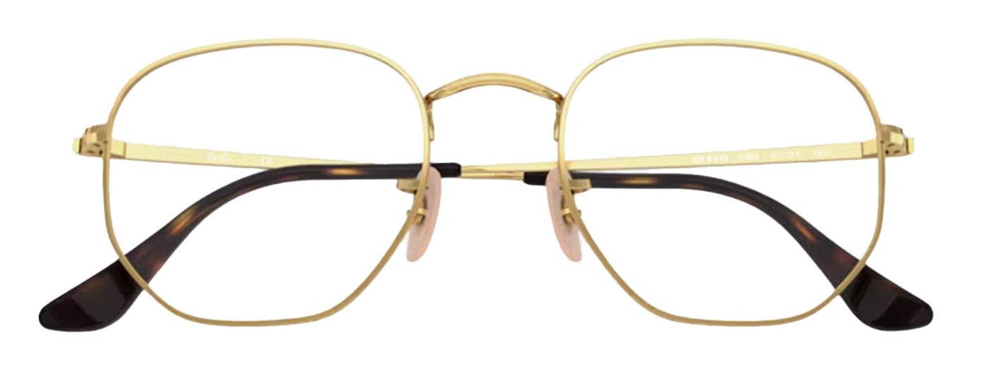 An irregular-shaped Ray-Ban frame, folded up. The design is made of gold metal with rubber nose pads and acetate tips.