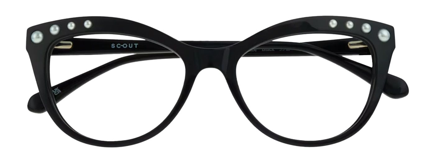 Black cat-eye glasses made of acetate and decorated with pearls along the brow. The frame is folded up.