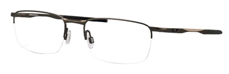 Slim semi-rimless rectangular Oakley glasses in a subtle grey. They are made of metal with clear rubber nose pads and straight temples that feature the brand 'O' logo.