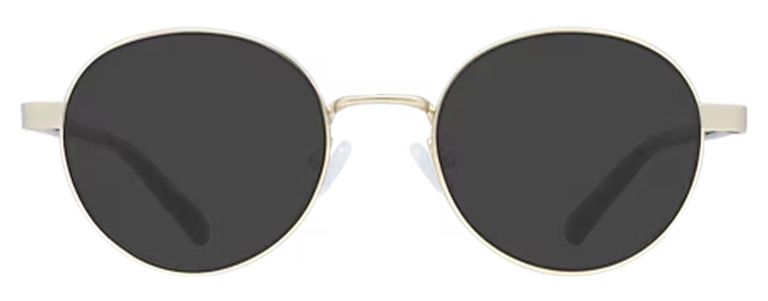 Round gold metal sunglasses with polarised tinted lenses, slim metal frames, and clear adjustable rubber nose pads for a comfortable fit.