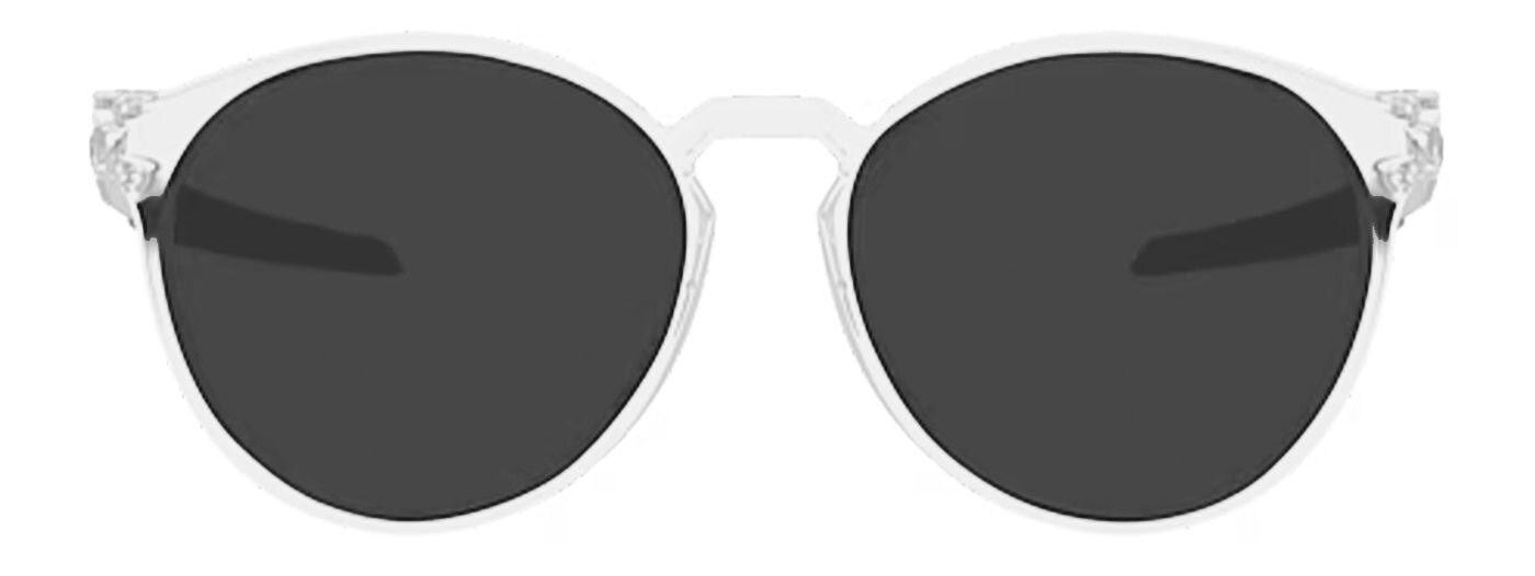 A pair of transparent oversized round Oakley sports sunglasses with a keyhole bridge and metal temples lined with black textured rubber and featuring the Oakley icon.