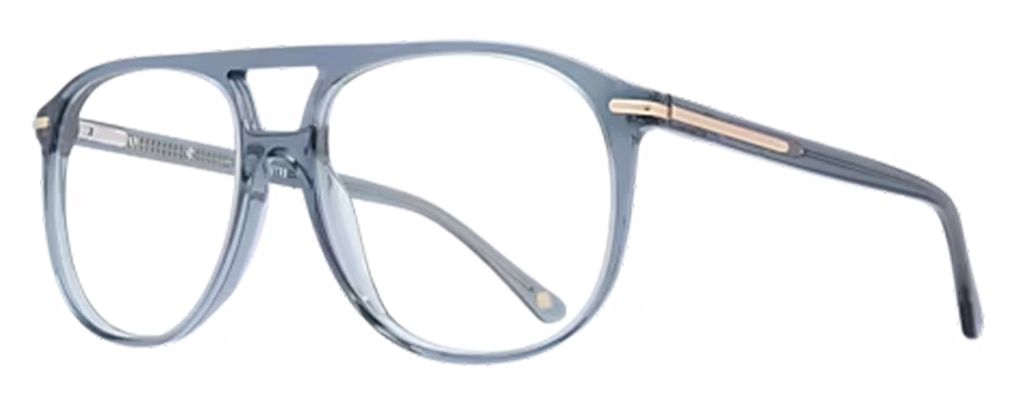 Crystal-grey acetate aviator glasses with gold metal bar accents on the temples, side view. Mother's Day gift.