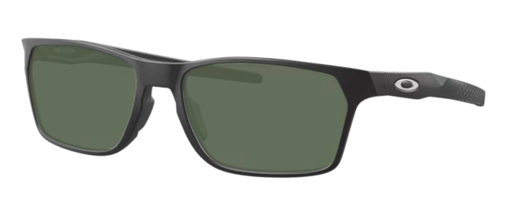 A pair of rectangular Oakley sunglasses made of black plastic material angled to one side, featuring green lenses and the Oakley 'O' logo on the arms.