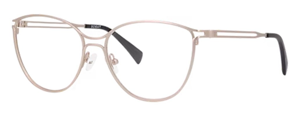 A pair of large metal cat-eye glasses, positioned at an angle.  The frame has bold structural lines with adjustable rubber nose pads and black plastic temple tips.