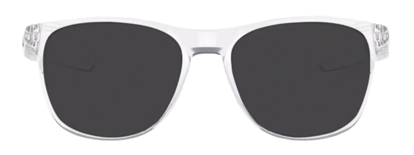 A small pair of round Oakley sunglasses. They have a keyhole-shaped bridge and are made of transparent material. The iconic Oakley 'O' logo is engraved along the temples.