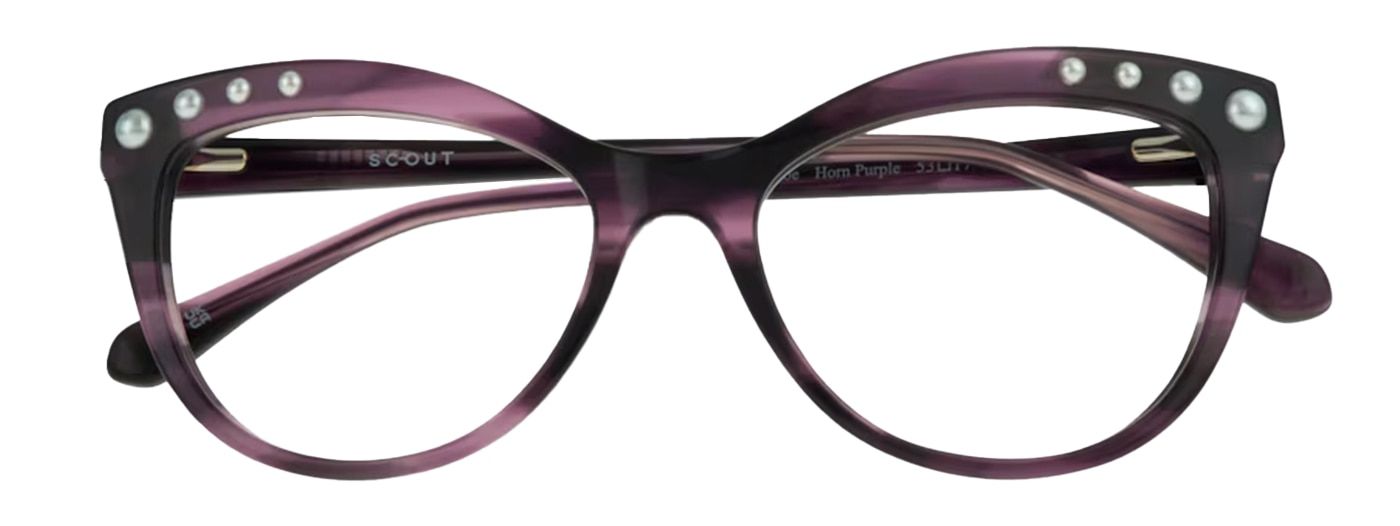 A Marilyn Monroe-inspired purple acetate frame with a classic cat-eye shape. It is decorated with a row of pearls on either corner and is neatly folded up.