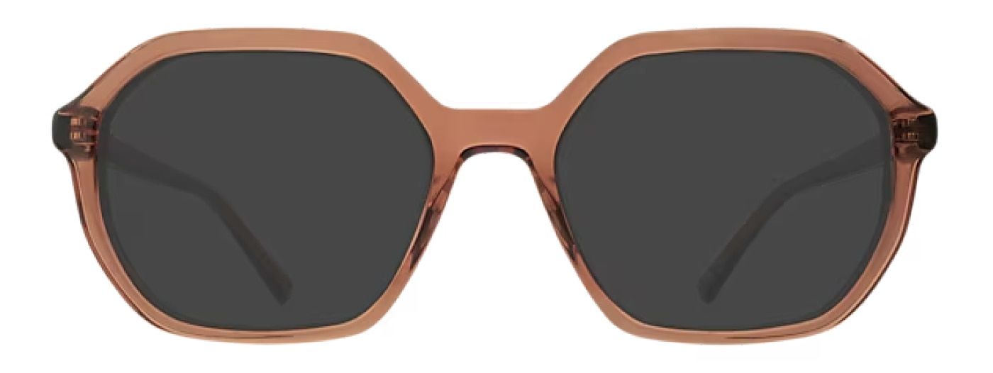 A pair of brown hexagonal-shaped sunglasses made of acetate.