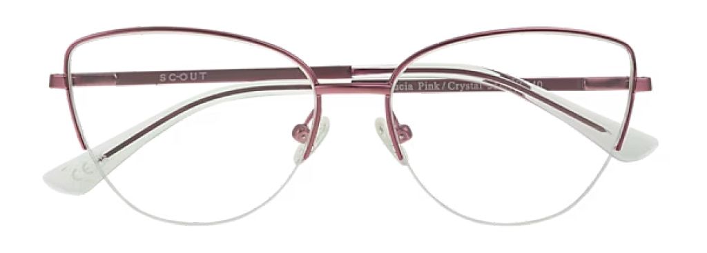 A large pair of pink semi-rimless glasses folded up. They have a large butterfly shape, rubber nose pads and transparent tips.
