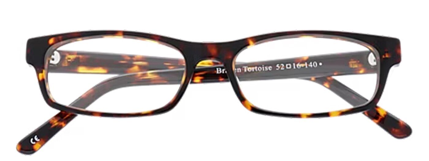Narrow rectangular acetate tortoiseshell glasses, folded.