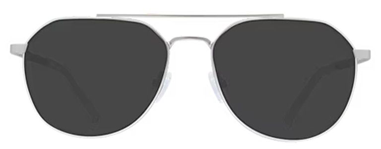 Aviator-style silver metal sunglasses with polarised tinted lenses, a double bridge, and clear adjustable rubber nose pads for a secure, comfortable fit.