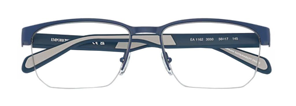 A pair of blue and grey semi-rimless Armani glasses folded up. They have a unique geometric shape and rubber nose pads.