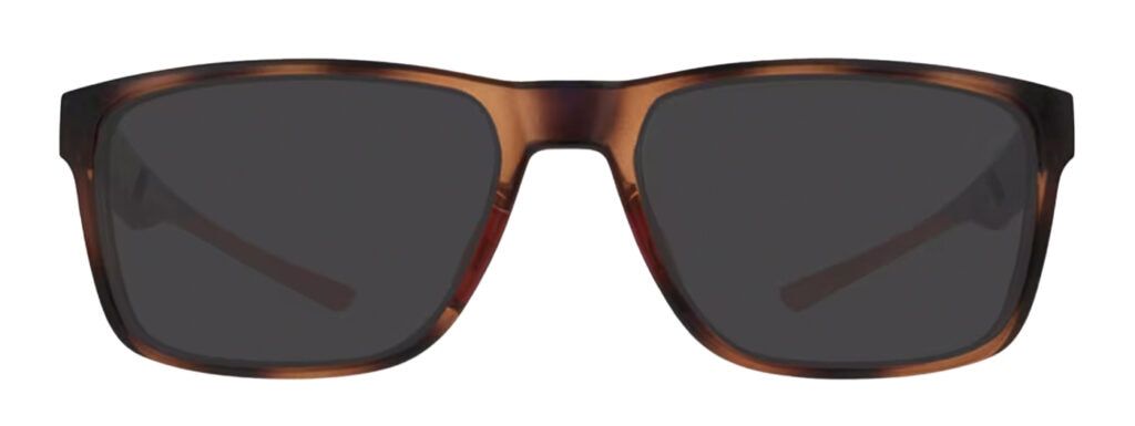A large pair of rectangular sports sunglasses in a bright Havana colour.