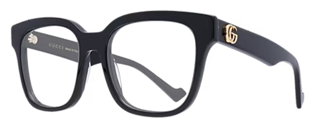 Black acetate oversized rectangular glasses with gold Double 'G' accents from Gucci, side view. Mother's Day gift.